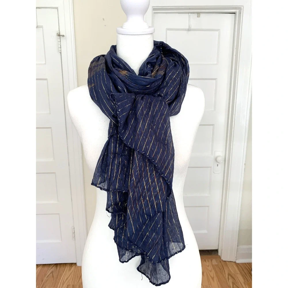 Navy Blue 100% Cotton Scarf Gold Elephant Print 44x68 Sheer Boho Wrap